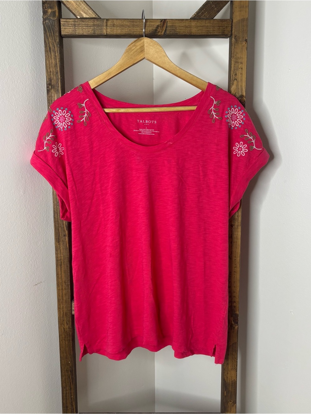 Talbots Women's Pink Embroidered Shoulder Tee Size L
